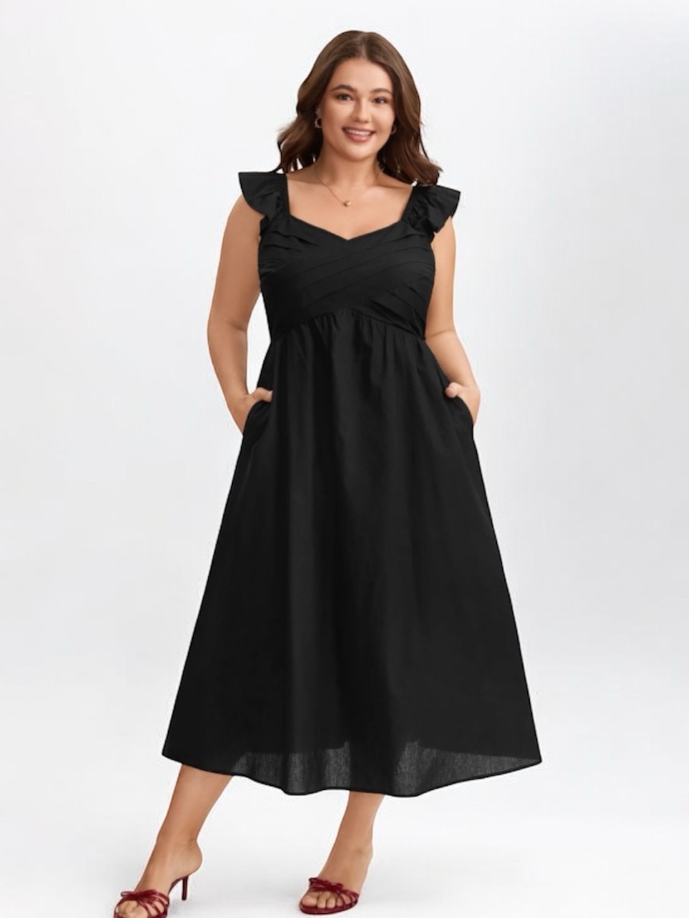 BloomChic Cotton Pleated Overlap Maxi Dress Black Ruffle Strap Pockets 18-20 NWT
